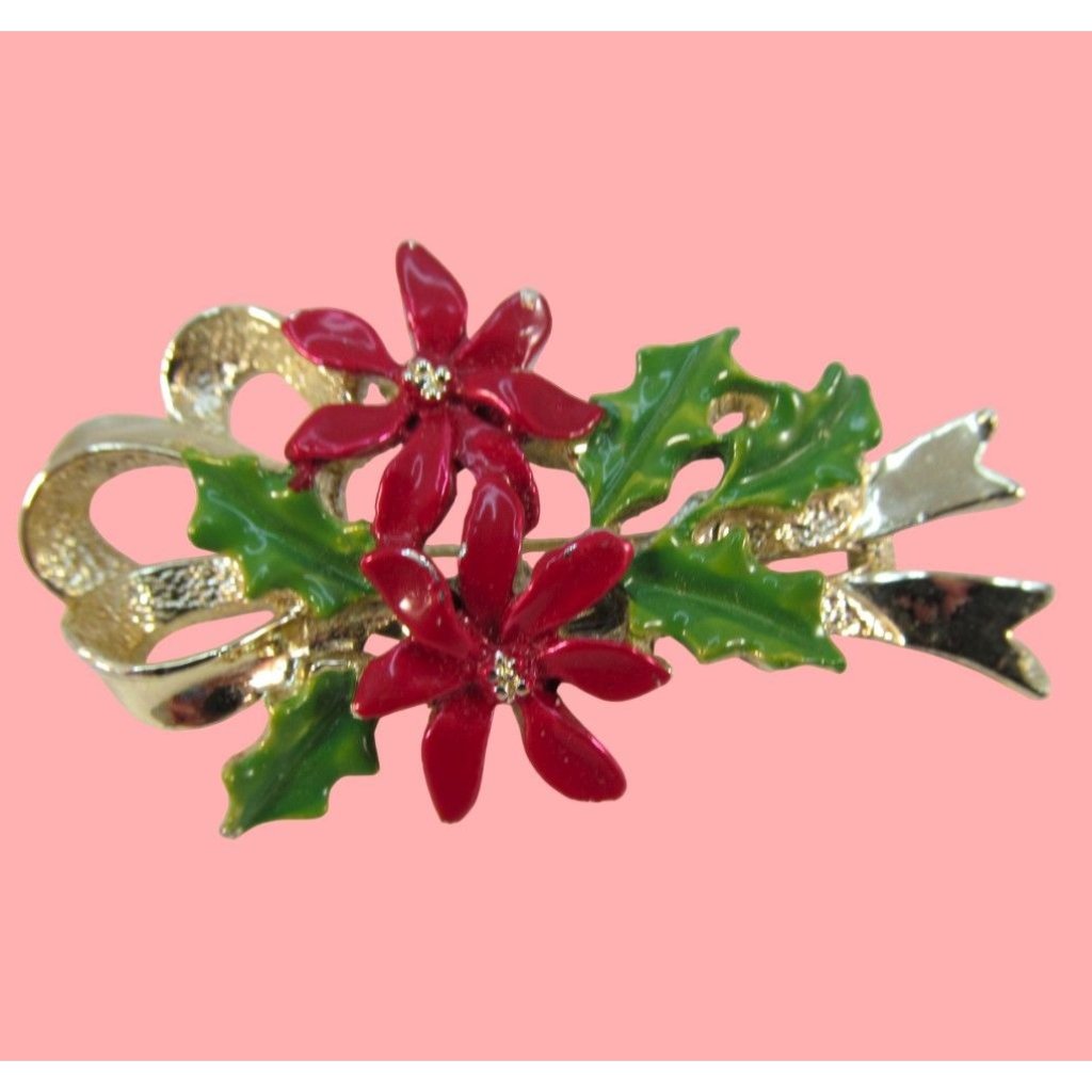 Vintage Red Enamel Poinsettia Flower Holiday Brooch Signed Gerry